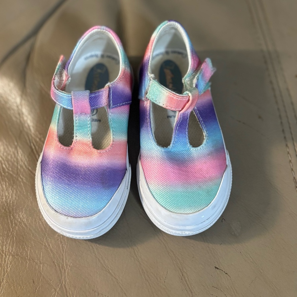Size 6 Footmates Rainbow-blue, Pink, Purple, teal T-Strap hook/Loop sneakers.